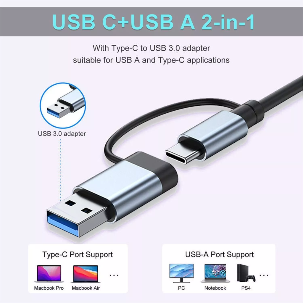 8-in-2 USB/USB-C ► 1x USB 3.0 │ 3x USB 2.0 │ 3.5mm audio │SD/TF │ USB-C (data)