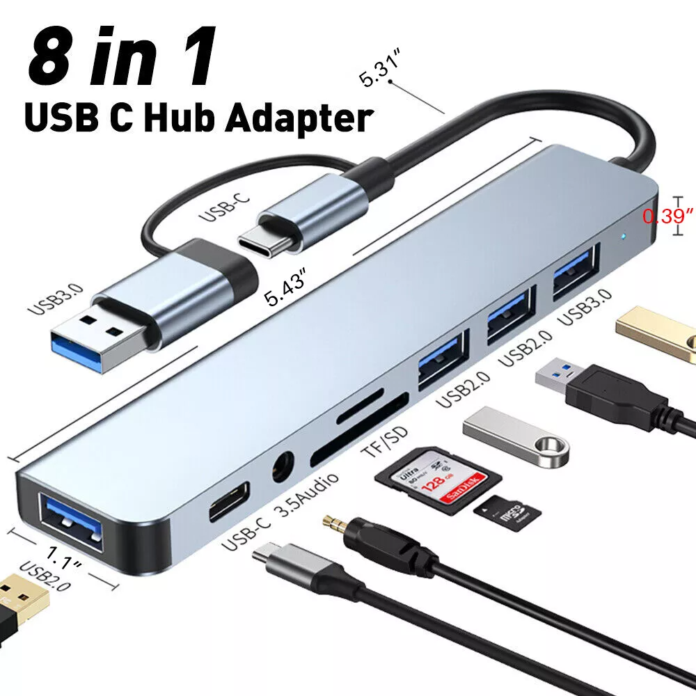 8-in-2 USB/USB-C ► 1x USB 3.0 │ 3x USB 2.0 │ 3.5mm audio │SD/TF │ USB-C (data)
