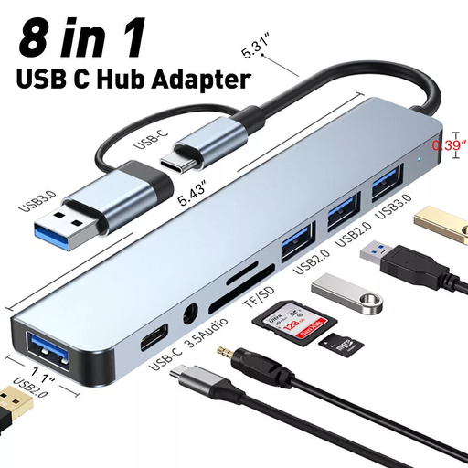 8-in-2 USB/USB-C ► 1x USB 3.0 │ 3x USB 2.0 │ 3.5mm audio │SD/TF │ USB-C (data)