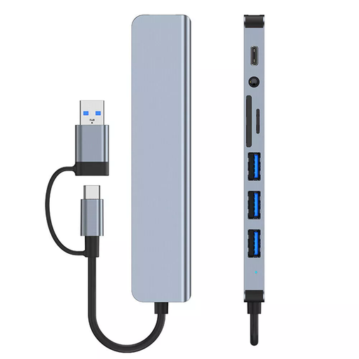 8-in-2 USB/USB-C ► 1x USB 3.0 │ 3x USB 2.0 │ 3.5mm audio │SD/TF │ USB-C (data)