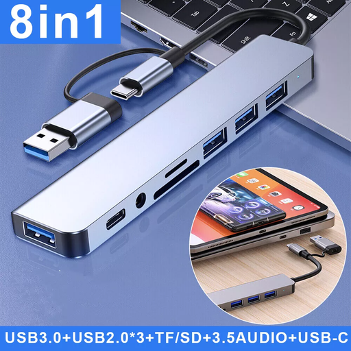 8-in-2 USB/USB-C ► 1x USB 3.0 │ 3x USB 2.0 │ 3.5mm audio │SD/TF │ USB-C (data)