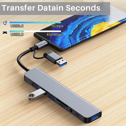 8-in-2 USB/USB-C ► 1x USB 3.0 │ 3x USB 2.0 │ 3.5mm audio │SD/TF │ USB-C (data)