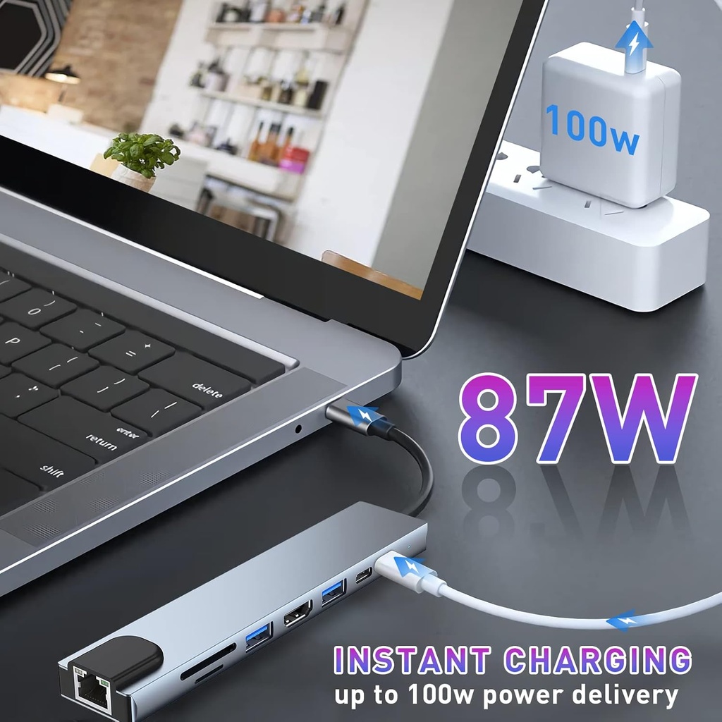 8-in-1 USB-C ► 2x USB-C │ 1x HDMI (4K@30Hz) │ 1x RJ45 │ 1x USB3.0 │ 1x USB2.0 │ 1x SD/TF