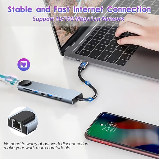 8-in-1 USB-C ► 2x USB-C │ 1x HDMI (4K@30Hz) │ 1x RJ45 │ 1x USB3.0 │ 1x USB2.0 │ 1x SD/TF