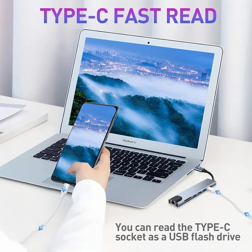 8-in-1 USB-C ► 2x USB-C │ 1x HDMI (4K@30Hz) │ 1x RJ45 │ 1x USB3.0 │ 1x USB2.0 │ 1x SD/TF