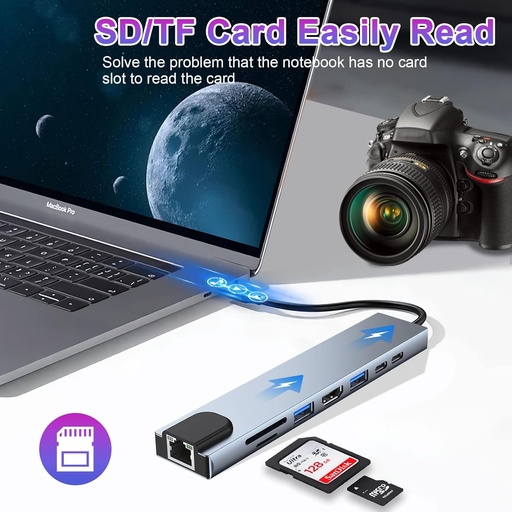 8-in-1 USB-C ► 2x USB-C │ 1x HDMI (4K@30Hz) │ 1x RJ45 │ 1x USB3.0 │ 1x USB2.0 │ 1x SD/TF
