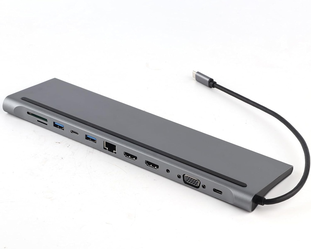 12-in-1 USB-C ► 2x HDMI (4K@30Hz) │ 1x VGA(1080P@60Hz) │ 1x RJ45 │ 2x USB2.0 │ 1x USB3.0 │ 2x USB-C │ 1x Audio Port │ 1x SD/TF