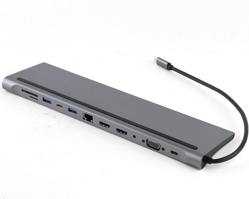 12-in-1 USB-C ► 2x HDMI (4K@30Hz) │ 1x VGA(1080P@60Hz) │ 1x RJ45 │ 2x USB2.0 │ 1x USB3.0 │ 2x USB-C │ 1x Audio Port │ 1x SD/TF