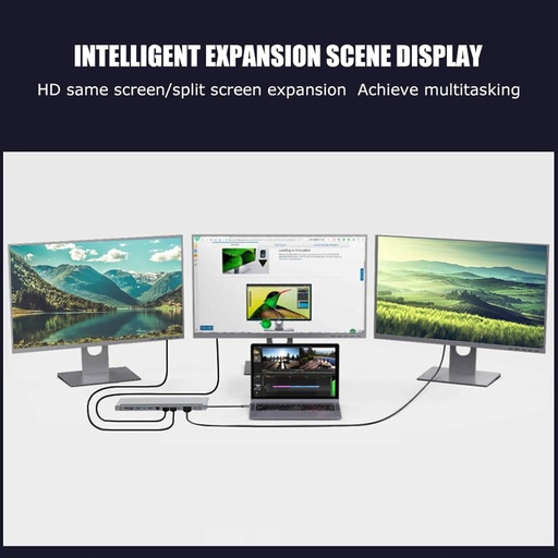 12-in-1 USB-C ► 2x HDMI (4K@30Hz) │ 1x VGA(1080P@60Hz) │ 1x RJ45 │ 2x USB2.0 │ 1x USB3.0 │ 2x USB-C │ 1x Audio Port │ 1x SD/TF
