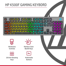 HP K500F Membrane Gaming Keyboard, RGB Backlit, Ergonomic, Metal Panel (SPANISH)