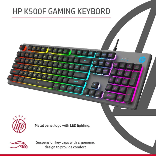 HP K500F Membrane Gaming Keyboard, RGB Backlit, Ergonomic, Metal Panel (SPANISH)