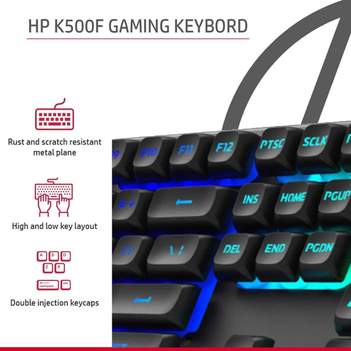 HP K500F Membrane Gaming Keyboard, RGB Backlit, Ergonomic, Metal Panel (SPANISH)