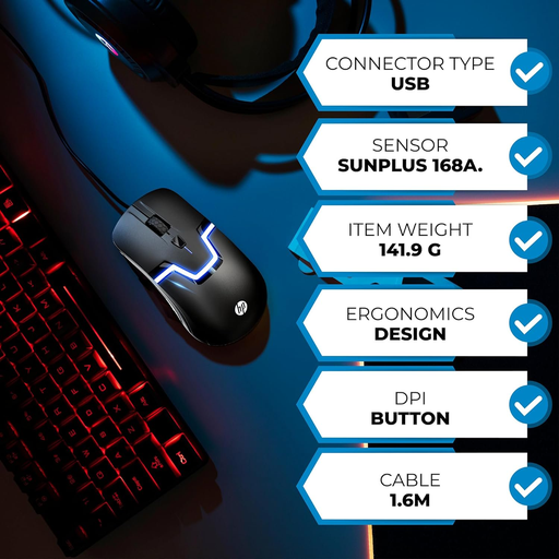 HP M100S Gaming Mouse, 5 key + DPI 3200 MAX DPI - BLACK