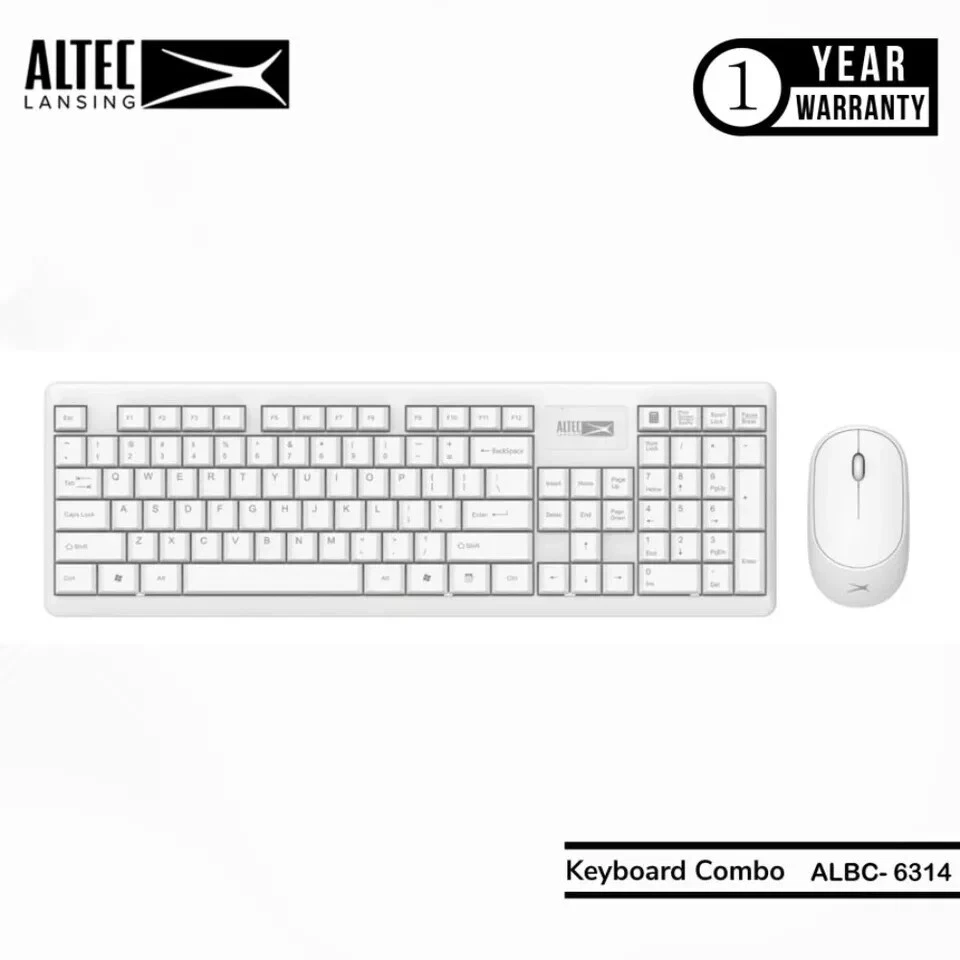 Altec Lansing ALBC6314 Wireless Keyboard & Mouse Combo Slim Design - ENGLISH - WHITE