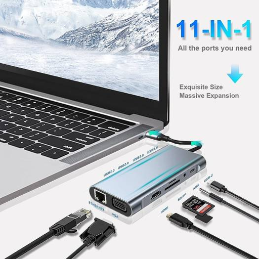 11-in-1 USB-C (1xHDMI)(1xVGA)(1xRJ45)(3xUSB3.0)(2xUSB-C)(1xAudio)(SD/T