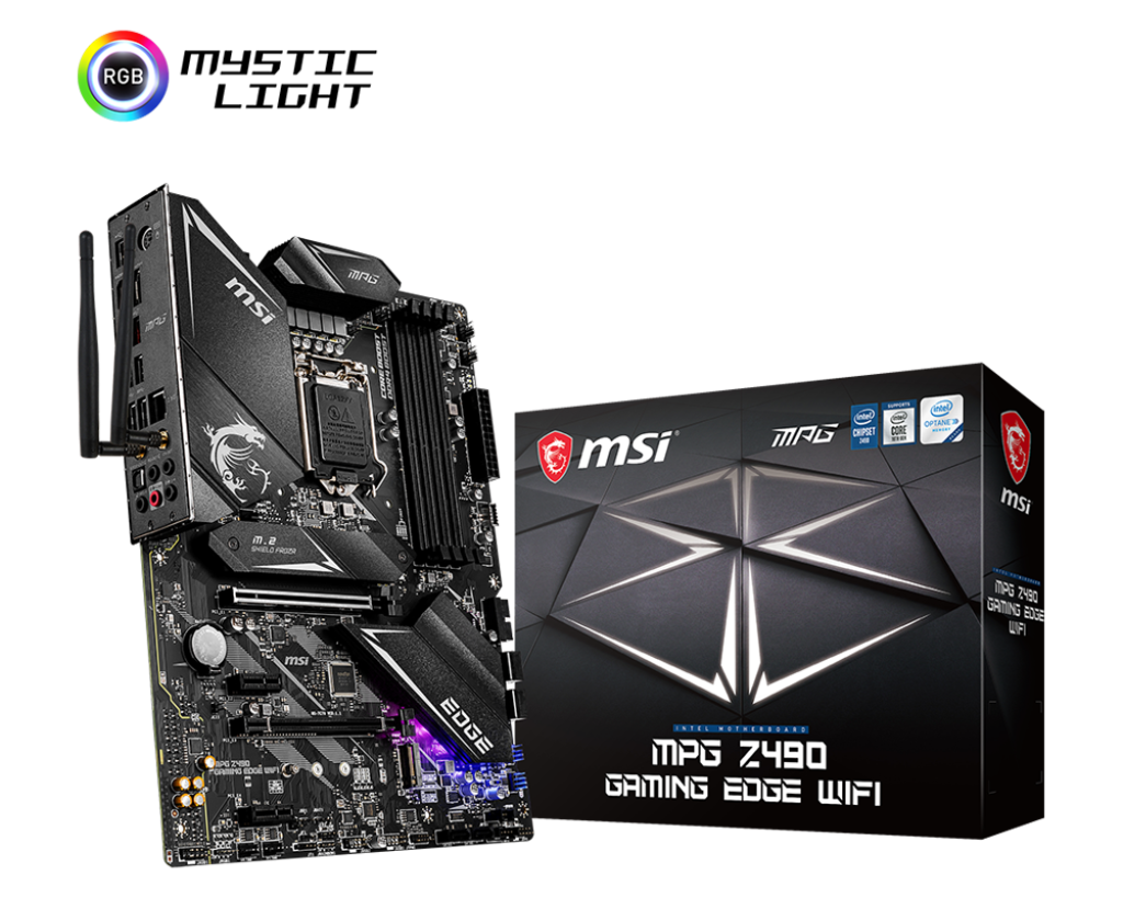 MSI MPG Z490 Edge WiFi LGA 1200 ATX Motherboard : 4 x Dual Channel DDR4-4800(OC), 2x PCI-E 3.0 x16 Slots, 2 x PCIe 3.0 x1 Slots, x M.2 Slots, 6 x SATA 6Gb/s, 8-Channel(7.1) HD Audio.