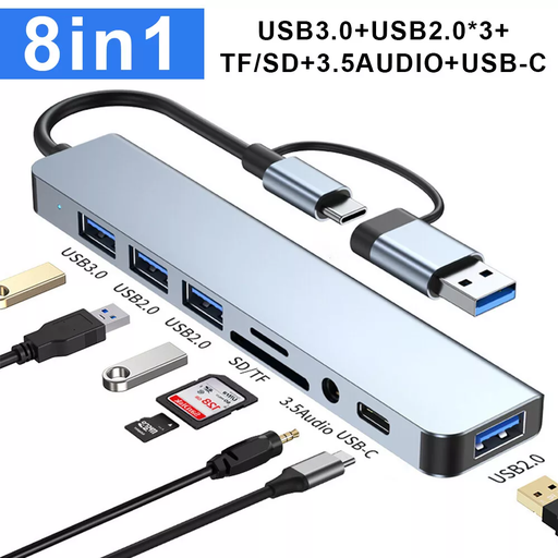 [JLCX08N2] 8-in-2 USB/USB-C ► 1x USB 3.0 │ 3x USB 2.0 │ 3.5mm audio │SD/TF │ USB-C (data)