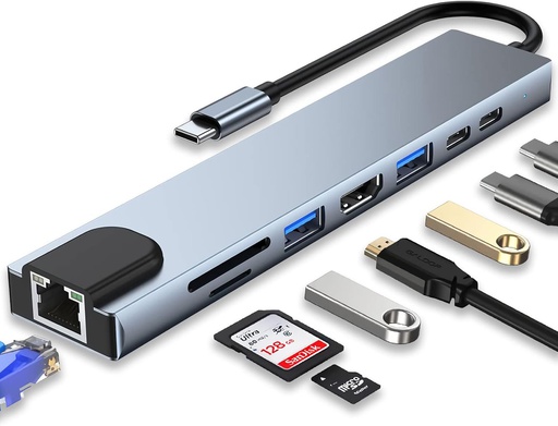 [JLCX08N1] 8-in-1 USB-C ► 2x USB-C │ 1x HDMI (4K@30Hz) │ 1x RJ45 │ 1x USB3.0 │ 1x USB2.0 │ 1x SD/TF