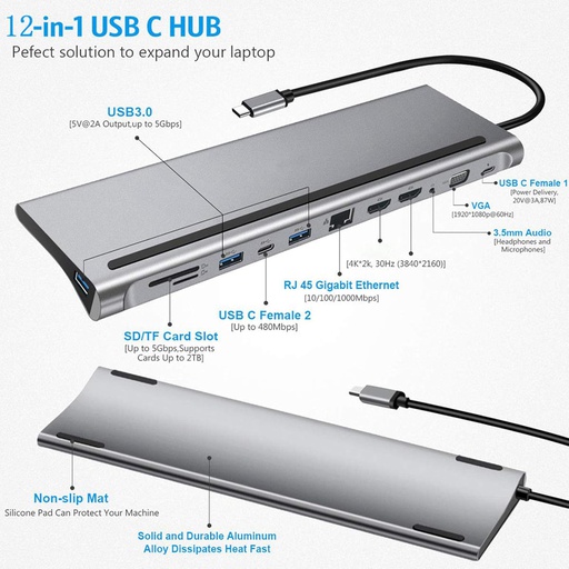 [JLCX12N1] 12-in-1 USB-C ► 2x HDMI (4K@30Hz) │ 1x VGA(1080P@60Hz) │ 1x RJ45 │ 2x USB2.0 │ 1x USB3.0 │ 2x USB-C │ 1x Audio Port │ 1x SD/TF